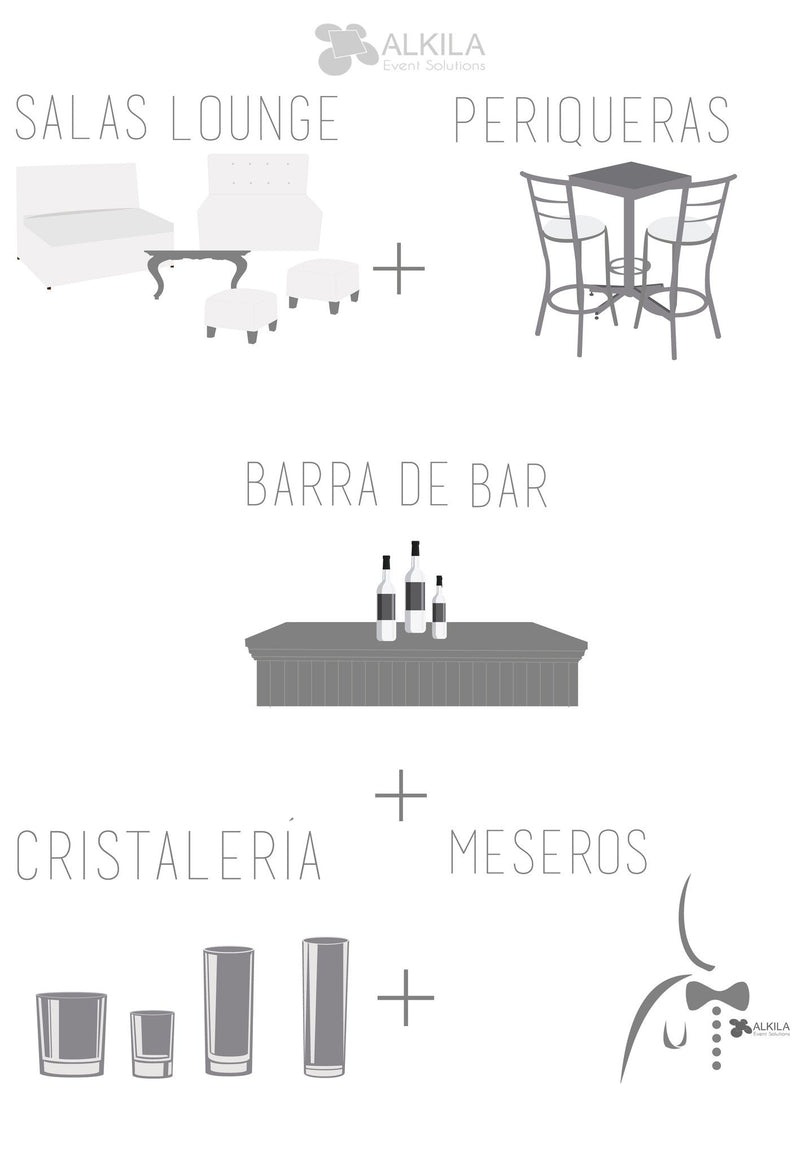 Lounge + Periqueras Blancas + Barra + Cristalería + Meseros (60 personas) Paquetes AlkilaEvent 
