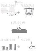 Lounge + Periqueras Blancas + Barra + Cristalería + Meseros (30 personas) Paquetes AlkilaEvent 
