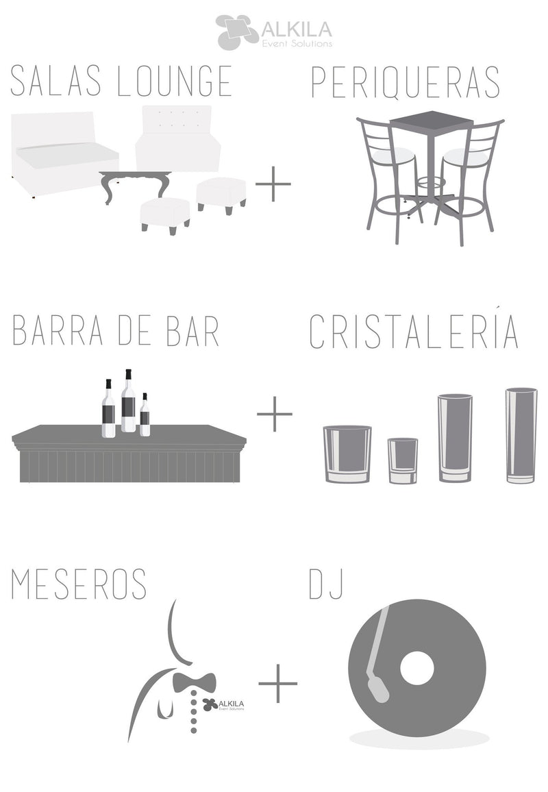 Lounge + Periqueras Blancas + Barra + Cristalería + Meseros + DJ (300 personas) Paquetes Lounge AlkilaEvent 