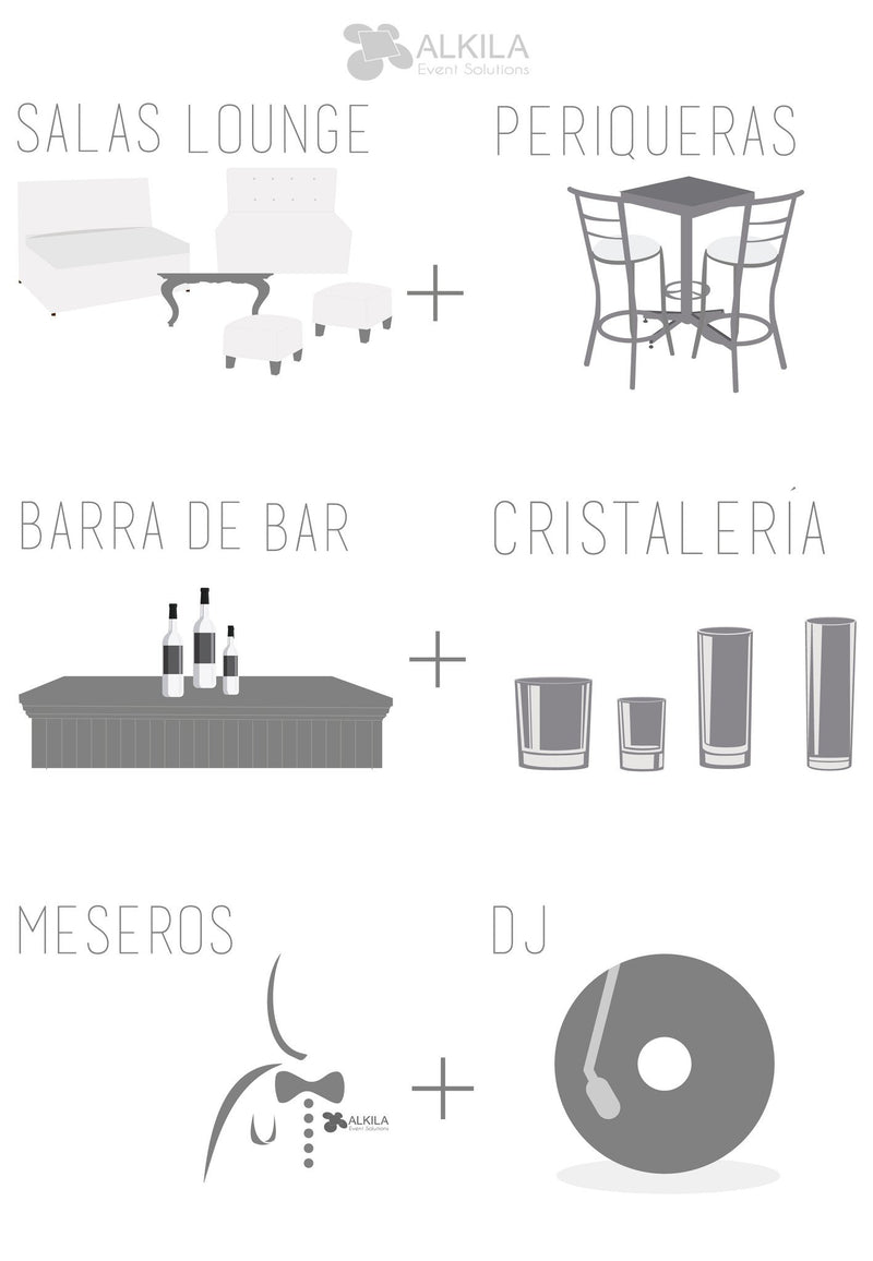 Lounge + Periqueras Blancas + Barra + Cristalería + Meseros + DJ (150 personas) Paquetes Lounge AlkilaEvent 