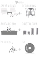 Lounge + Periqueras Blancas + Barra + Cristalería + Meseros (200 personas) Paquetes Lounge AlkilaEvent 