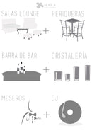 Lounge + Periqueras Blancas + Barra + Cristalería + Meseros + DJ (120 personas) Paquetes Lounge AlkilaEvent 