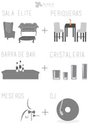 Mobiliario Elite + Periqueras + Barra + Cristalería + Meseros + DJ (200 Personas) Paquetes Elite AlkilaEvent 