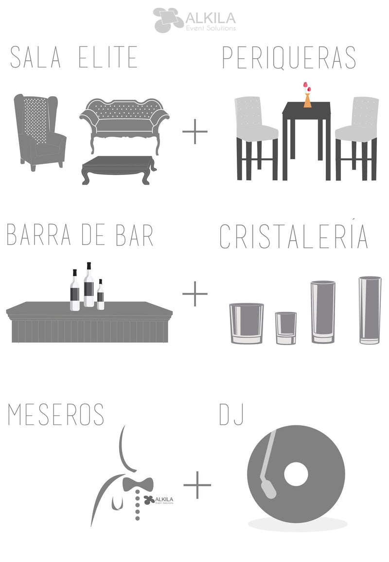 Mobiliario Elite + Periqueras + Barra + Cristalería + Meseros + DJ (120 Personas) Paquetes Elite AlkilaEvent 