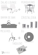 Lounge + Periqueras Blancas + Barra + Cristalería + Meseros + DJ + Taquiza (100 personas) Paquetes lounge AlkilaEvent 