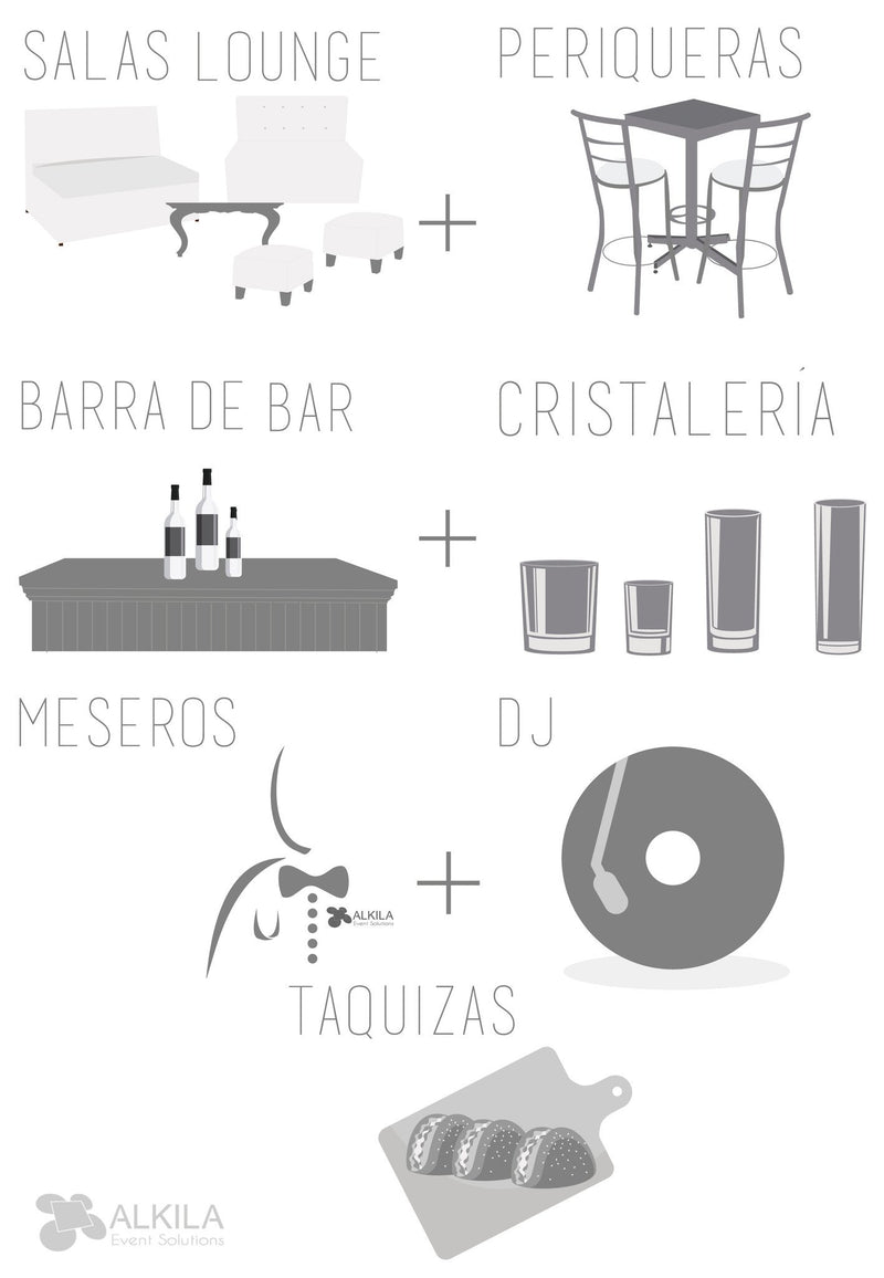 Lounge + Periqueras Blancas + Barra + Cristalería + Meseros + DJ + Taquiza (80 personas) Paquetes Lounge AlkilaEvent 