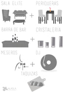 Mobiliario Elite + Periqueras + Barra + Cristalería + Meseros + DJ + Taquiza (200 Personas) Paquetes Elite AlkilaEvent 