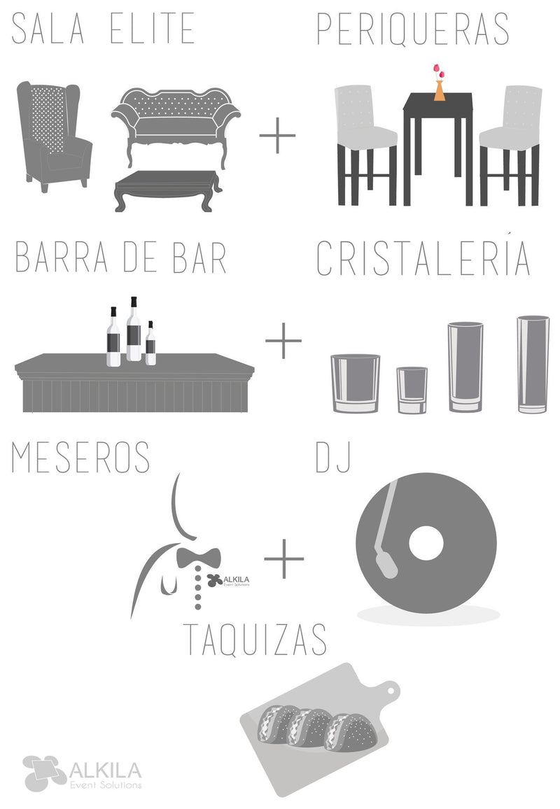 Mobiliario Elite + Periqueras + Barra + Cristalería + Meseros + DJ + Taquiza (90 Personas) Paquetes Elite AlkilaEvent 