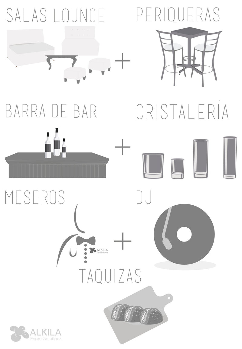 Lounge + Periqueras Blancas + Barra + Cristalería + Meseros + DJ + Taquiza (90 personas) Paquetes Lounge AlkilaEvent 
